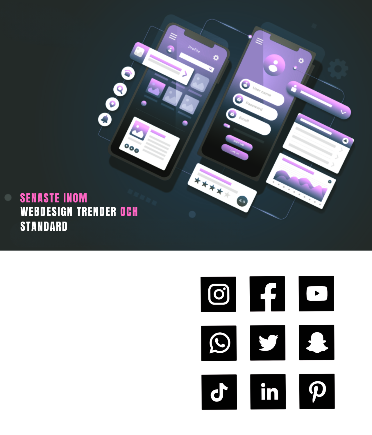 webbdesign & webbutveckling visas 3 telefoner som ligga på ett bord. anpassade hemsidor och webbutveckling.